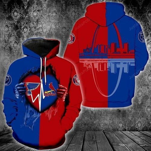 Saint Louis Blue Saint Louis Cardinals Heartbeat Ripped City On Back 3D All Over Print Hoodie, Zip Hoodie