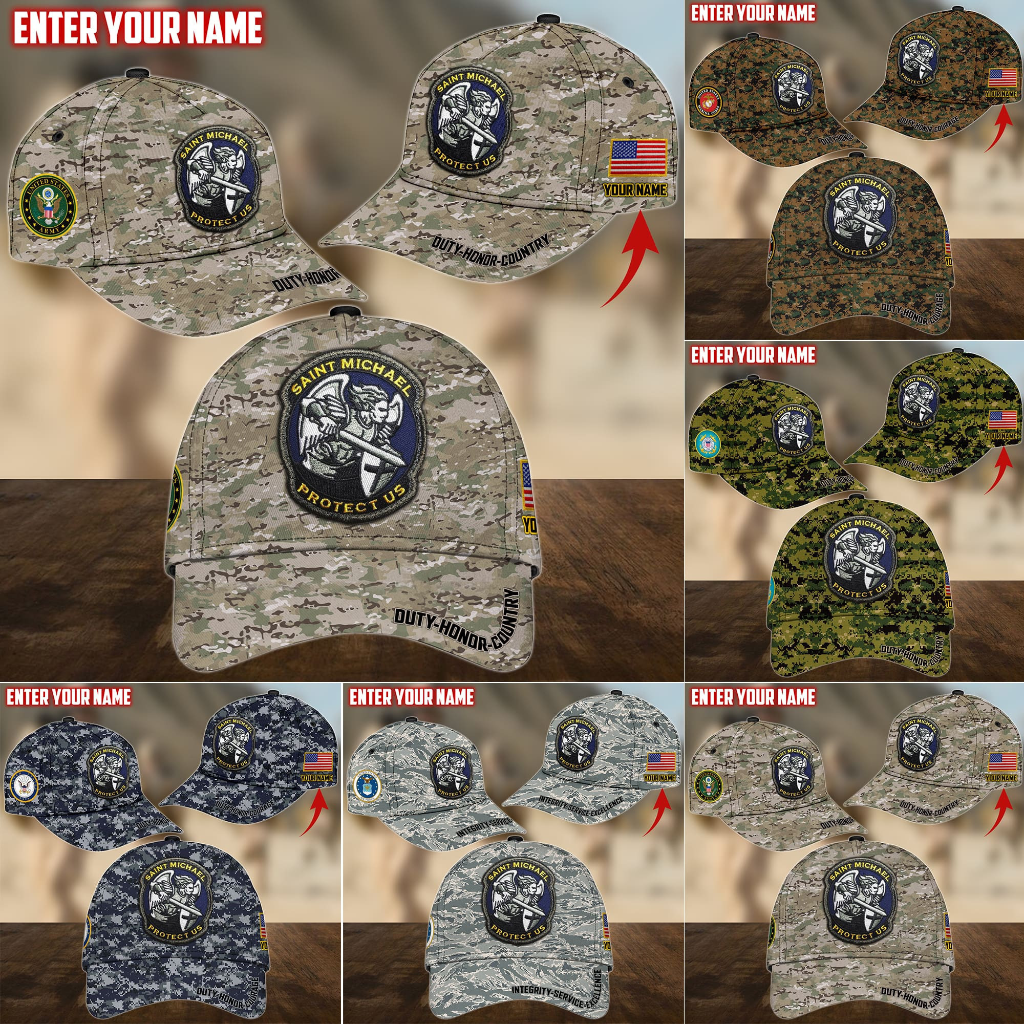Saint Michael Protect Us Personalized Multiservice U.S Veteran Cap Trucker Hats Custom Hats Gifts For Men & Women