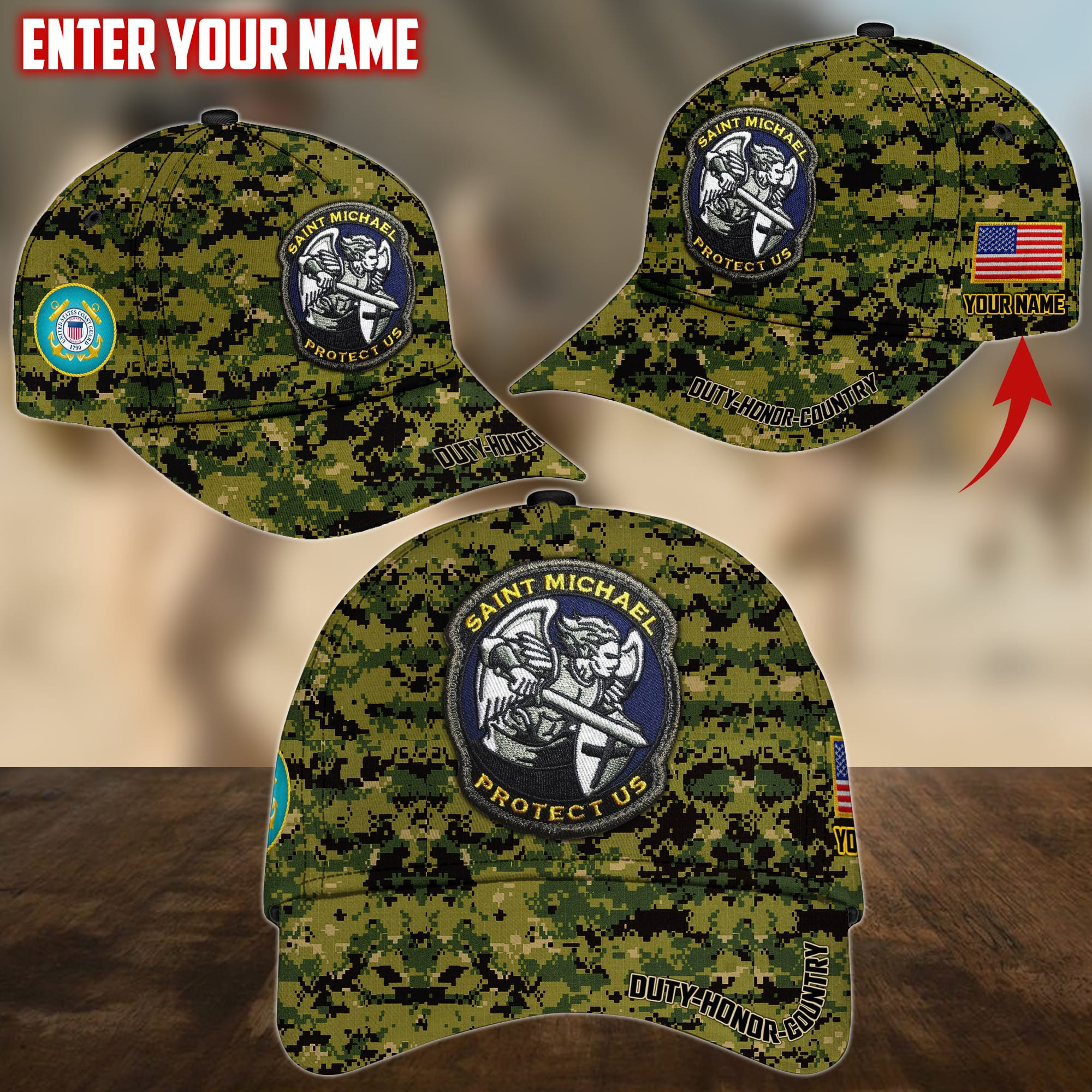 Saint Michael Protect Us Personalized Multiservice U.S Veteran Cap Trucker Hats Custom Hats Gifts For Men & Women