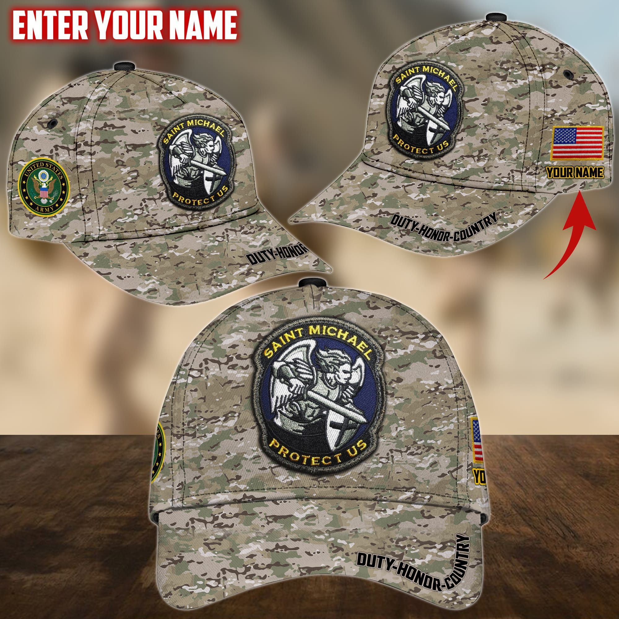 Saint Michael Protect Us Personalized Multiservice U.S Veteran Cap Trucker Hats Custom Hats Gifts For Men & Women