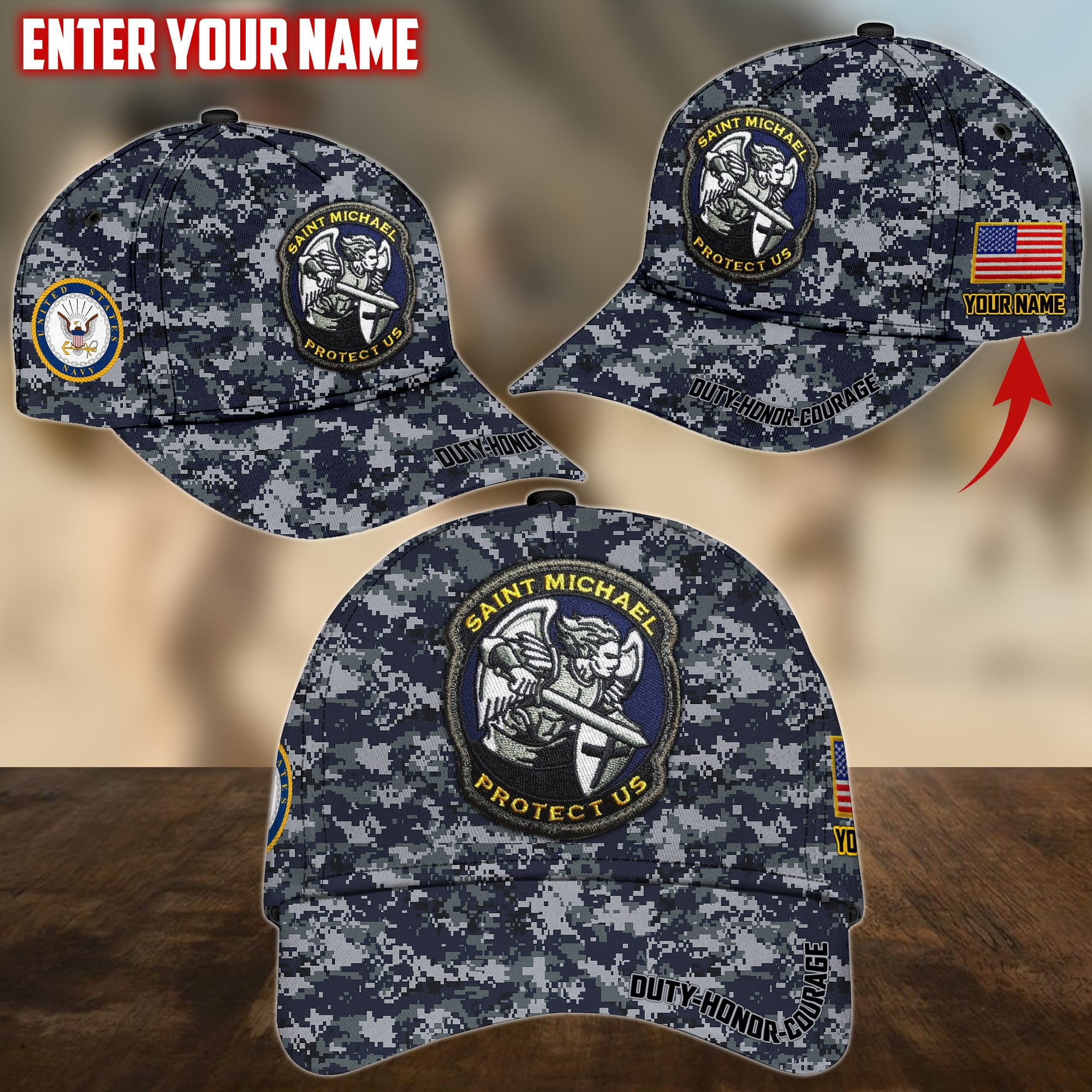 Saint Michael Protect Us Personalized Multiservice U.S Veteran Cap Trucker Hats Custom Hats Gifts For Men & Women