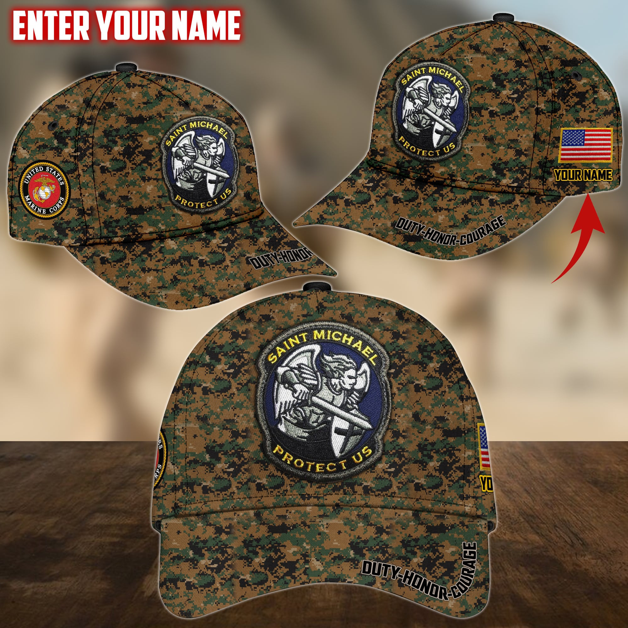 Saint Michael Protect Us Personalized Multiservice U.S Veteran Cap Trucker Hats Custom Hats Gifts For Men & Women