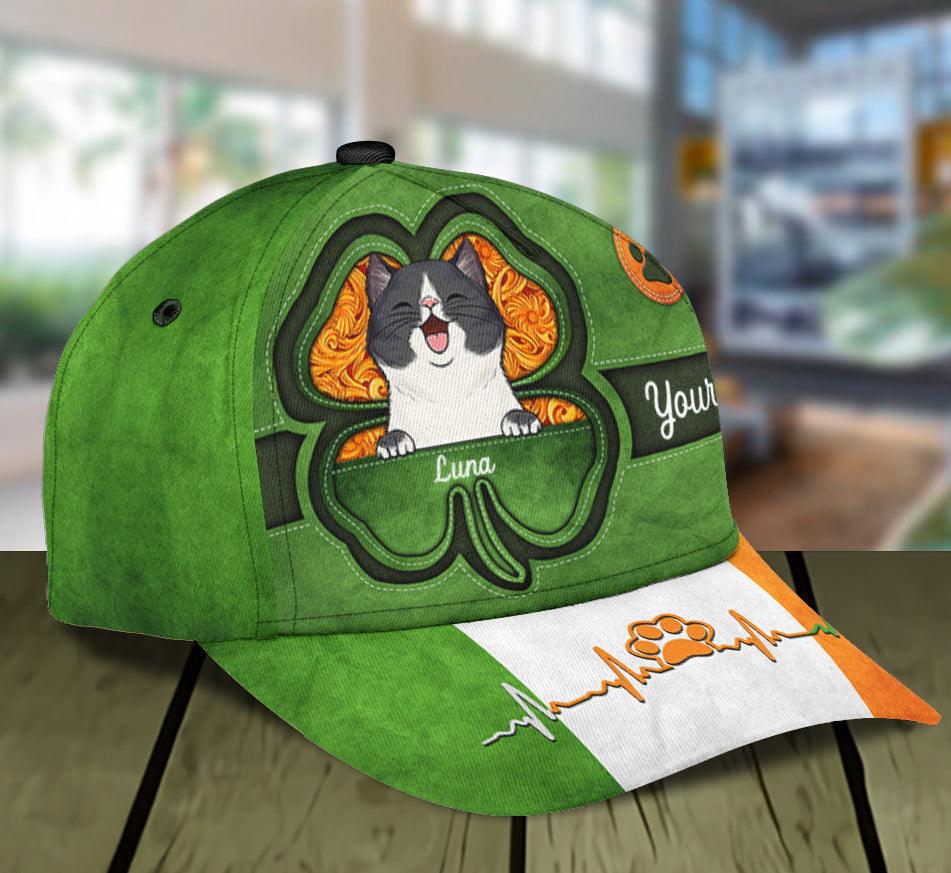 Saint Patrick's Day Shamrock Cat Personalized Classic Cap, Personalized Gift for Cat Lovers, Cat Mom, Cat Dad Trucker Hats Custom Hats Gifts For Men & Women