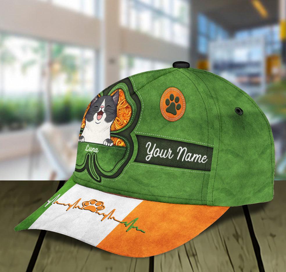 Saint Patrick's Day Shamrock Cat Personalized Classic Cap, Personalized Gift for Cat Lovers, Cat Mom, Cat Dad Trucker Hats Custom Hats Gifts For Men & Women