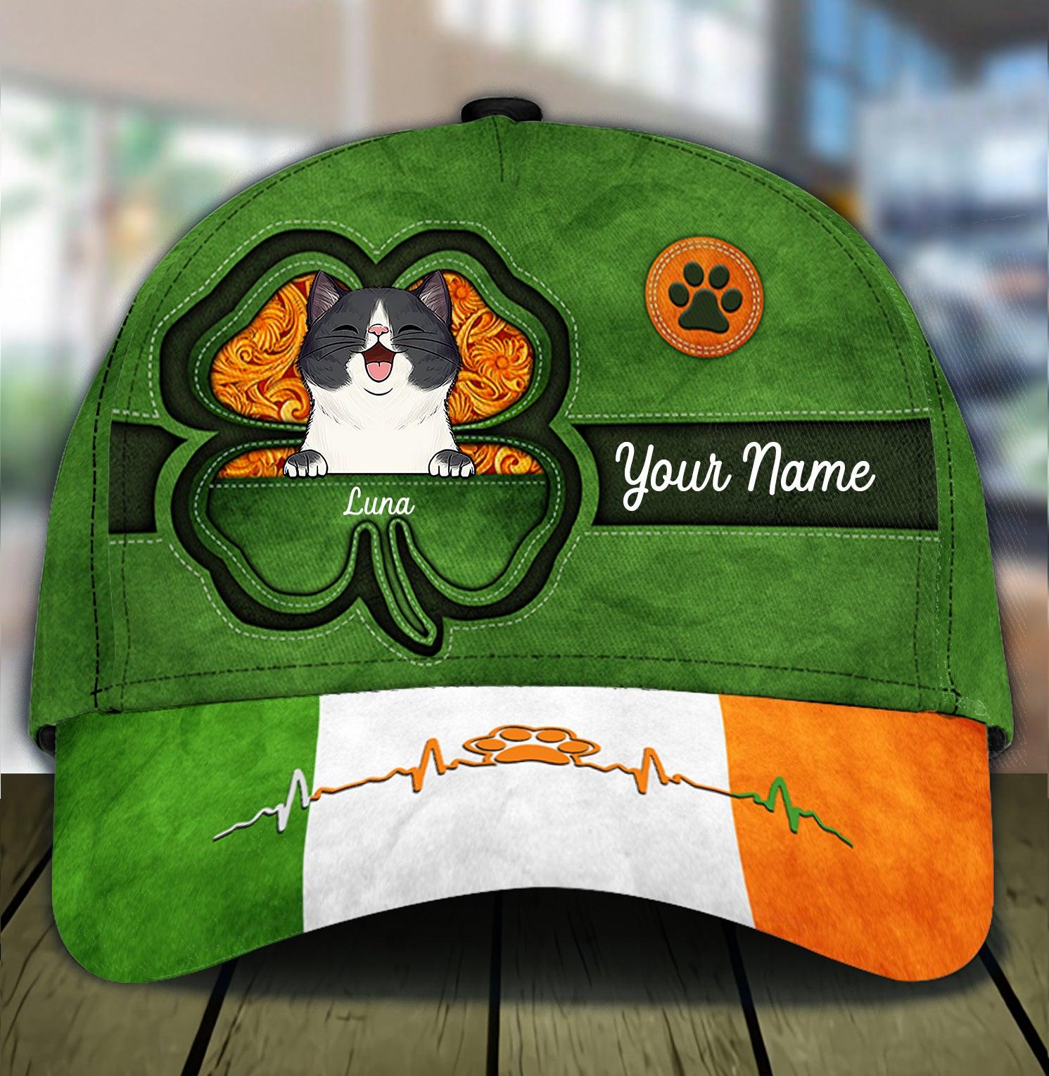 Saint Patrick's Day Shamrock Cat Personalized Classic Cap, Personalized Gift for Cat Lovers, Cat Mom, Cat Dad Trucker Hats Custom Hats Gifts For Men & Women