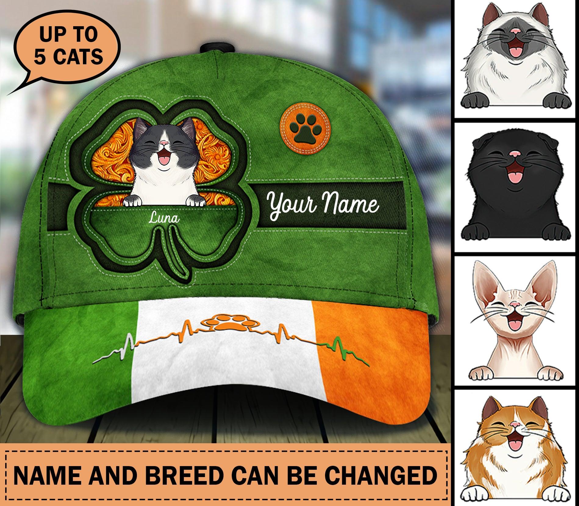 Saint Patrick's Day Shamrock Cat Personalized Classic Cap, Personalized Gift for Cat Lovers, Cat Mom, Cat Dad Trucker Hats Custom Hats Gifts For Men & Women