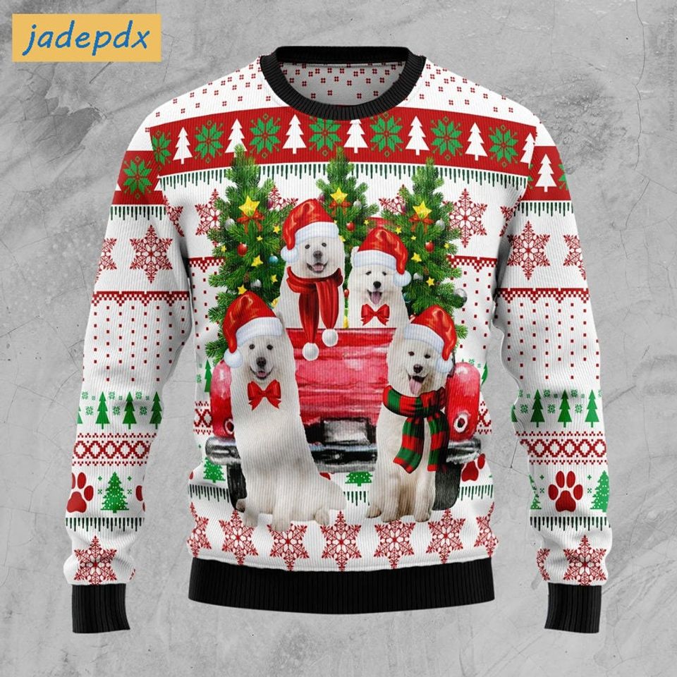 Samoyed Red Truck Christmas Tree Ugly Sweater