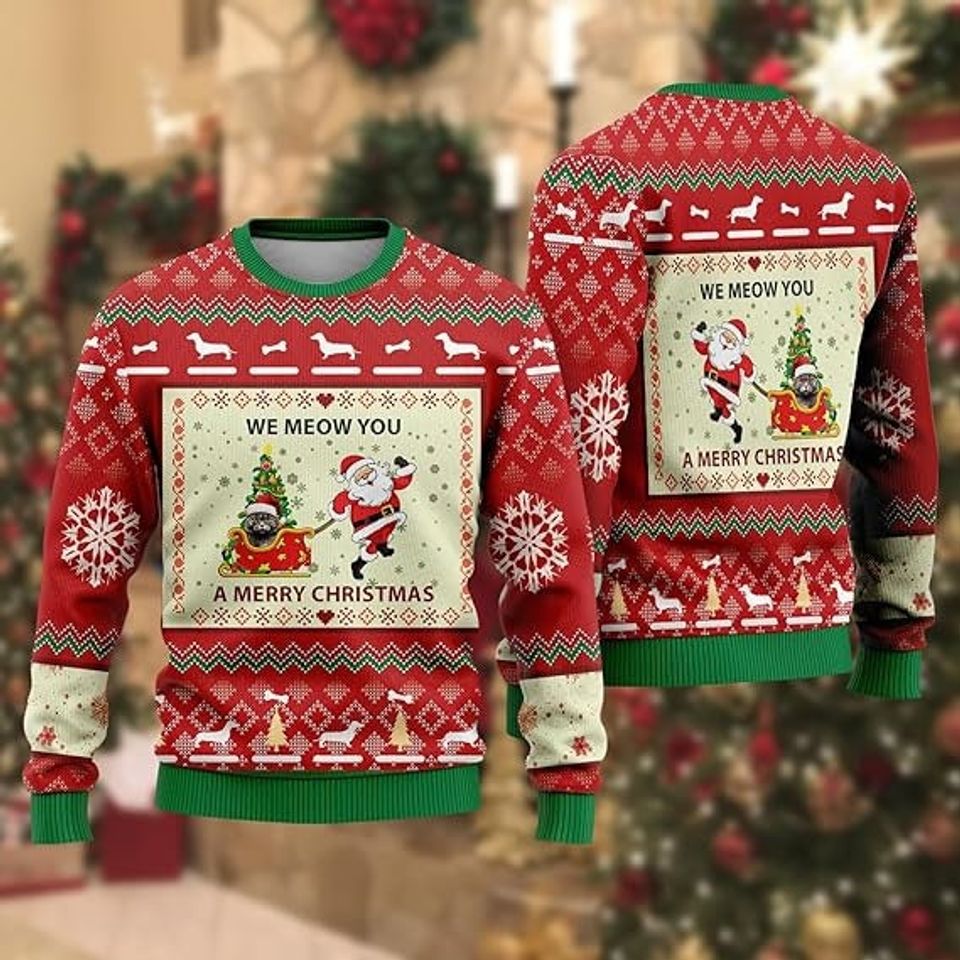 Santa & Cat Ugly Christmas Sweaters - Merry Christmas Mens Sweater