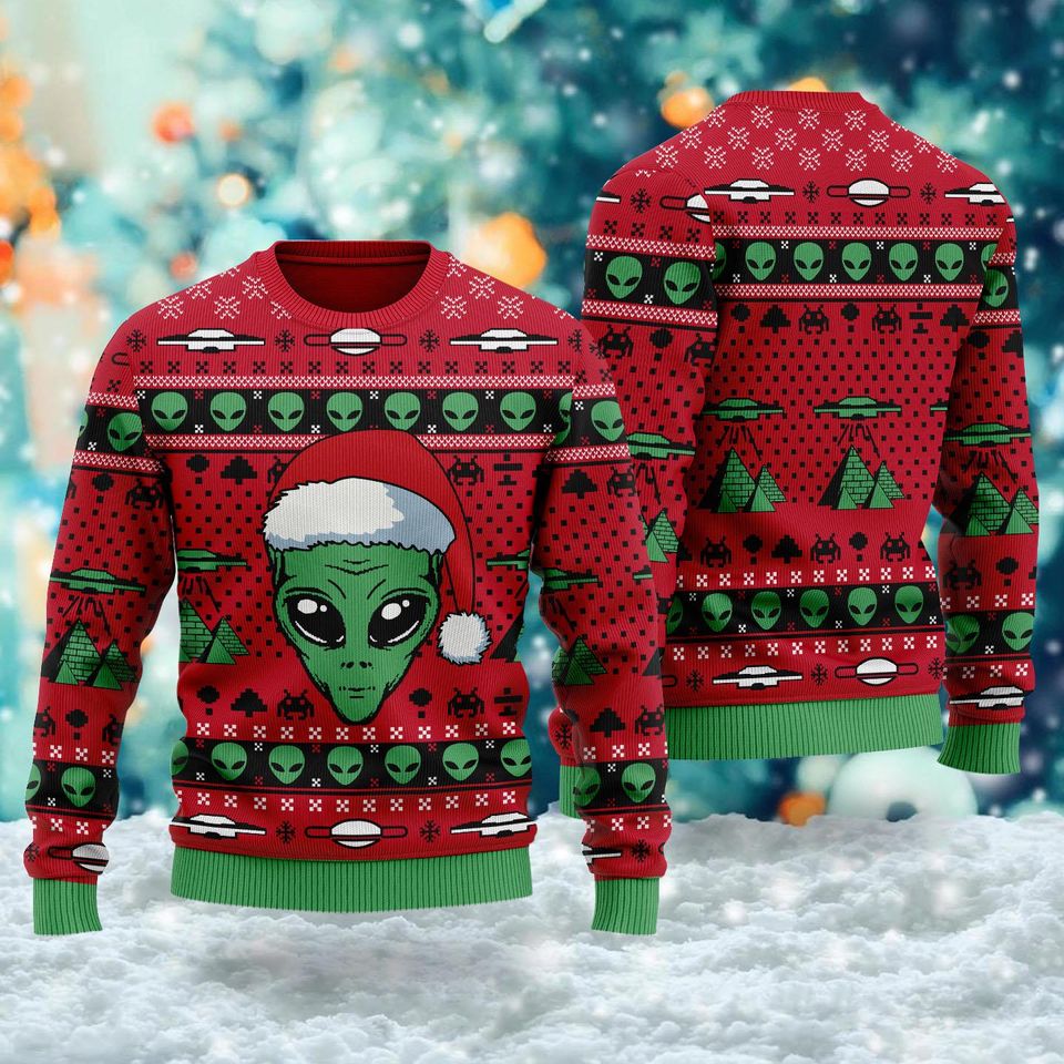 Santa Alien Sweater, Green Character Ugly Christmas Sweater