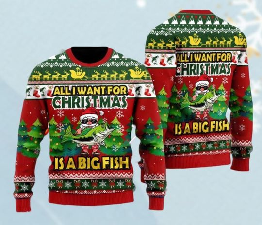 Santa All I Want For Christmas Is A Big Fish Ugly Sweater, Merry Fishmas Sweater, Santa Vacation Xmas Sweater - Image 7