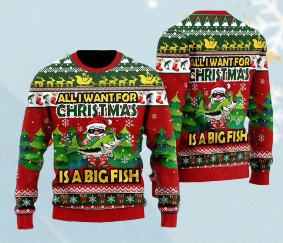 Santa All I Want For Christmas Is A Big Fish Ugly Sweater, Merry Fishmas Sweater, Santa Vacation Xmas Sweater - Image 2