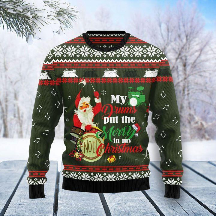 Santa And Drum Ugly Christmas Sweater Adult 3D Funny Matching for family