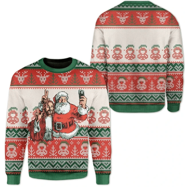 Santa And Jesus Ugly Christmas Sweater Adult 3D Funny Matching for family