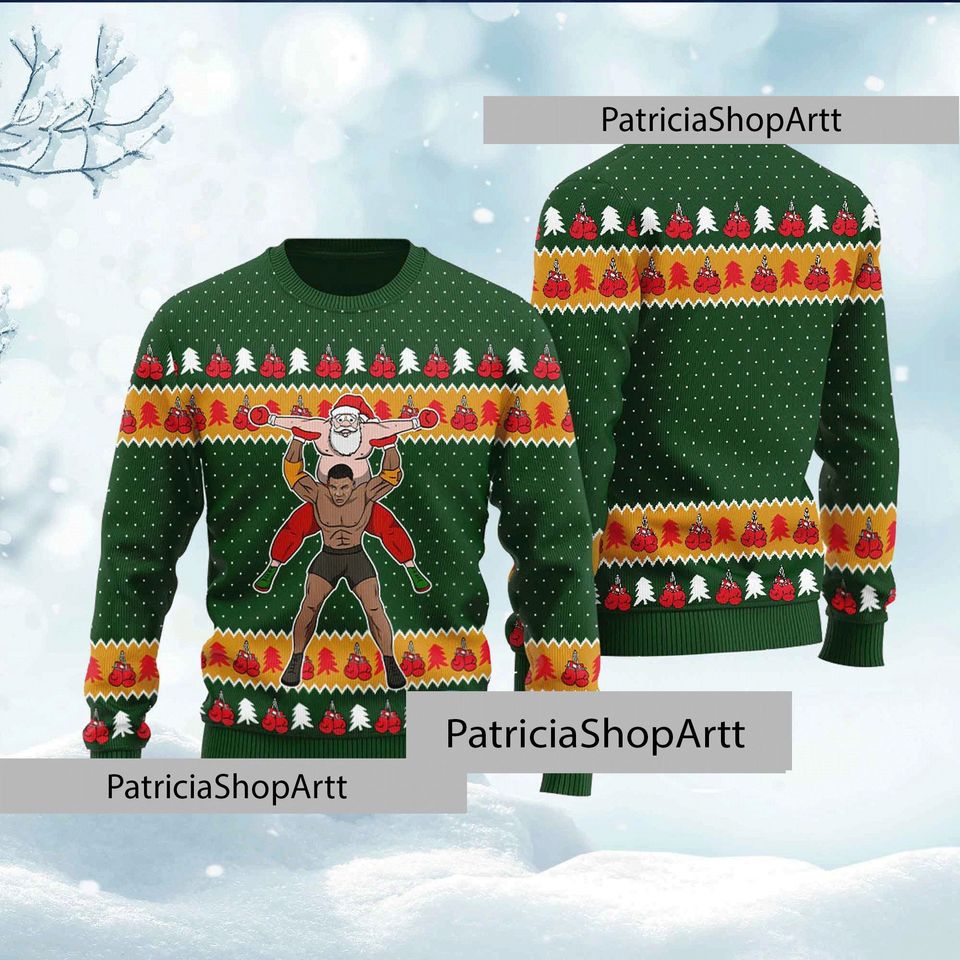 Santa And Wrestling Mike Tyson Ugly Christmas Sweater, Funny Christmas Sweater - Image 2
