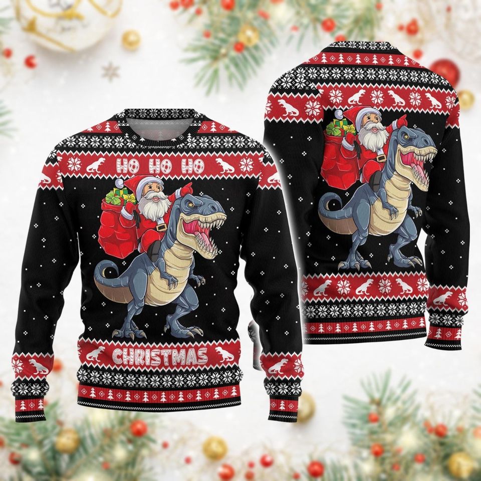 Santa Claus Dinosaur Christmas Ugly Sweater, Dinosaur Xmas Ugly Sweatshirt