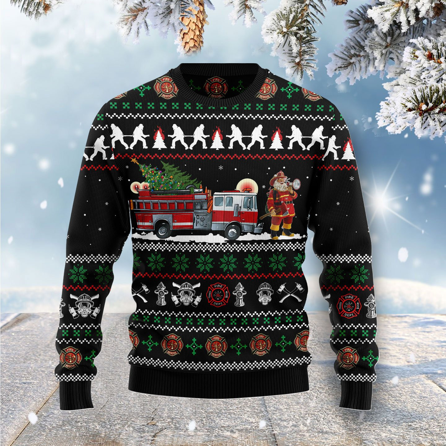 Santa Claus Firefighter Ugly Christmas Sweater Adult 3D Funny Matching for family