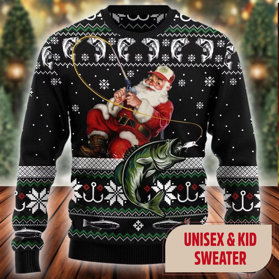 Santa Claus Fishing Merry Ugly Christmas Sweater