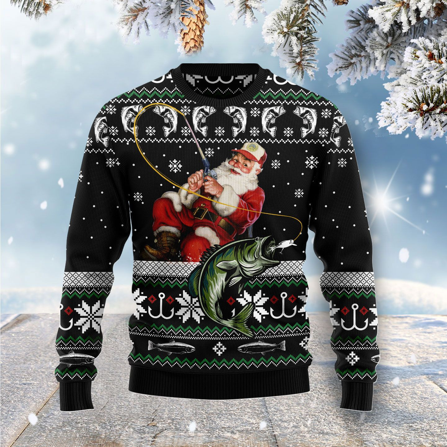 Santa Claus Fishing Ugly Christmas Sweater Adult 3D Funny Matching for family