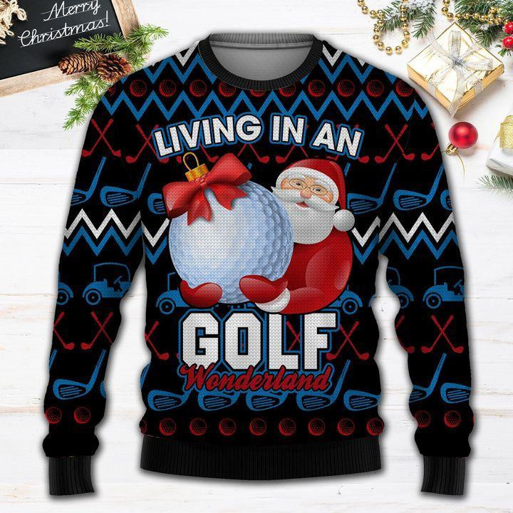 Santa Claus Golf Wonderland Ugly Christmas Sweater Adult 3D Funny Matching for family