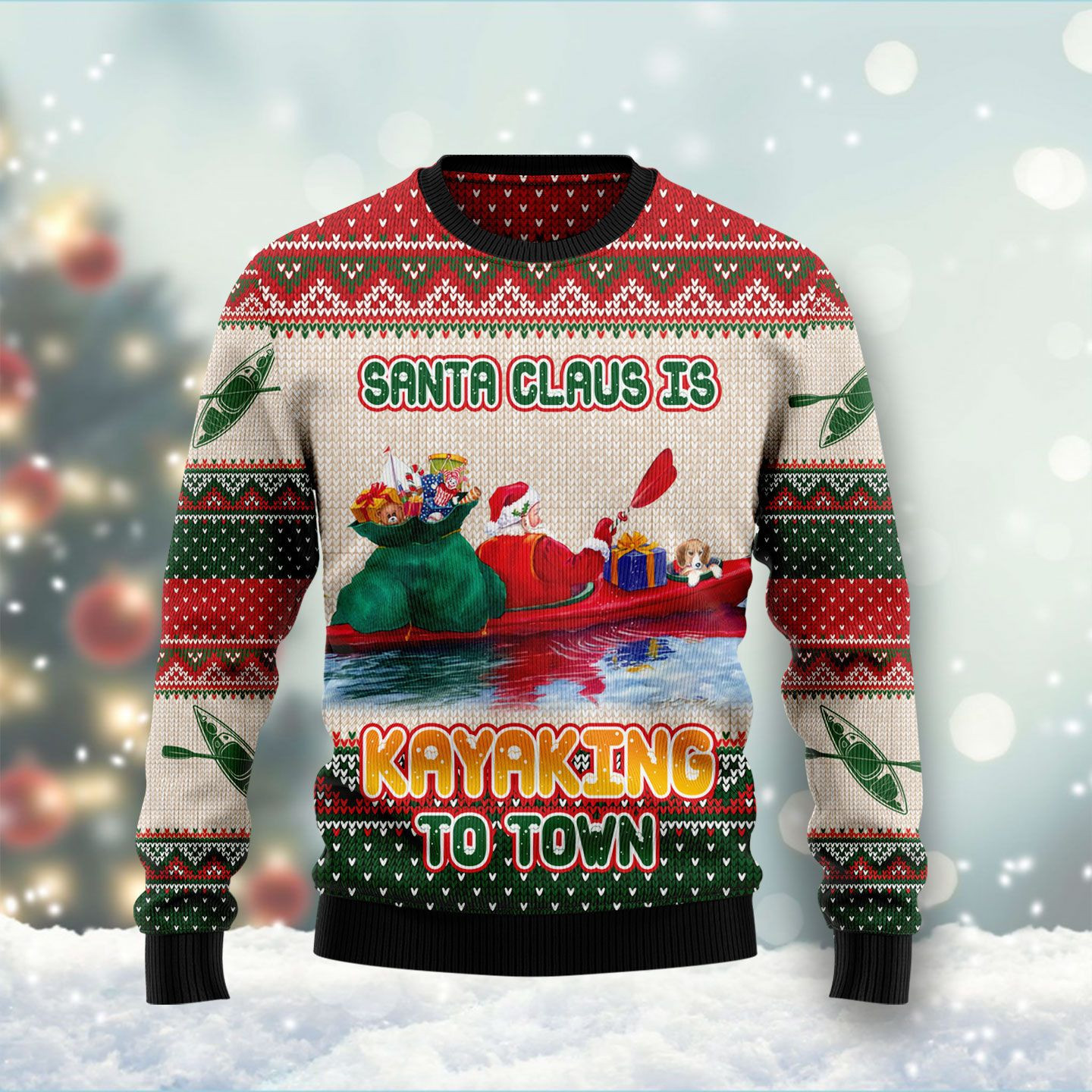 Santa Claus Is Kayaking To Town Ugly Christmas Sweater Adult 3D Funny Matching for family