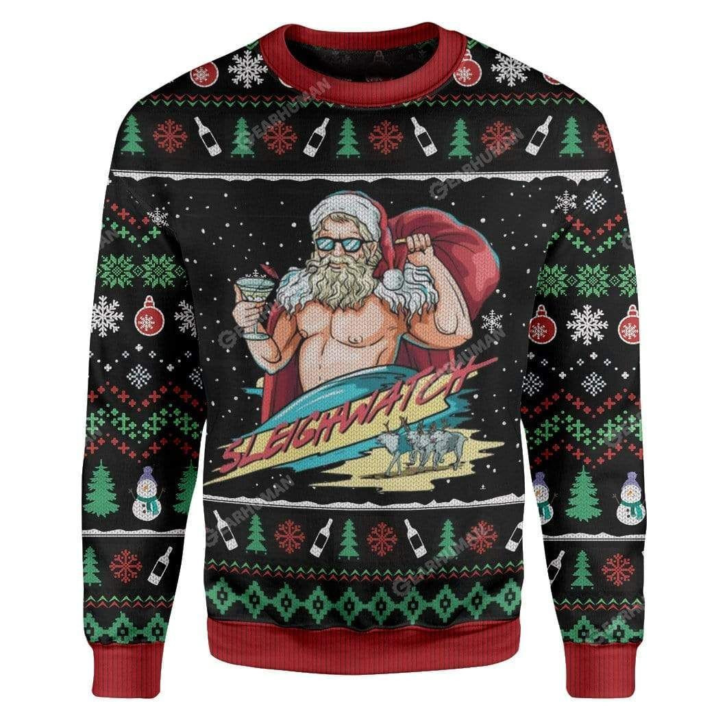Santa Claus Muscle Sleighwatch For Unisex Ugly Christmas Sweater Adult 3D Funny Matching for family