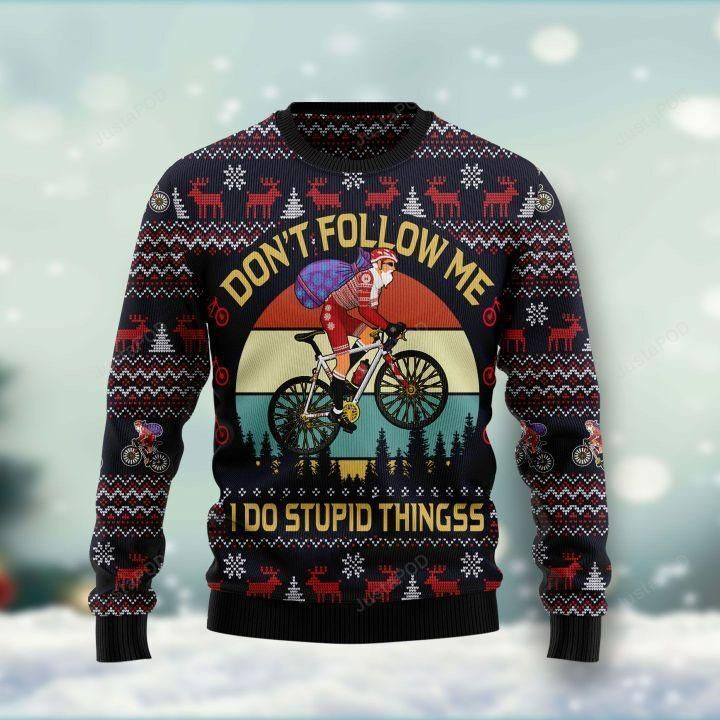 Santa Claus On Mountain Bike Ugly Christmas Sweater Adult 3D Funny Matching for family
