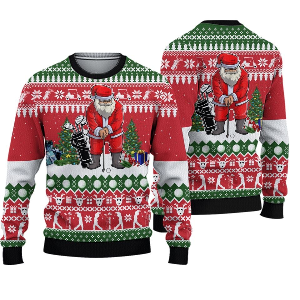 Santa Claus Playing Golf Ugly Sweater, Santa Love Golf 3D Ugly Christmas Sweater