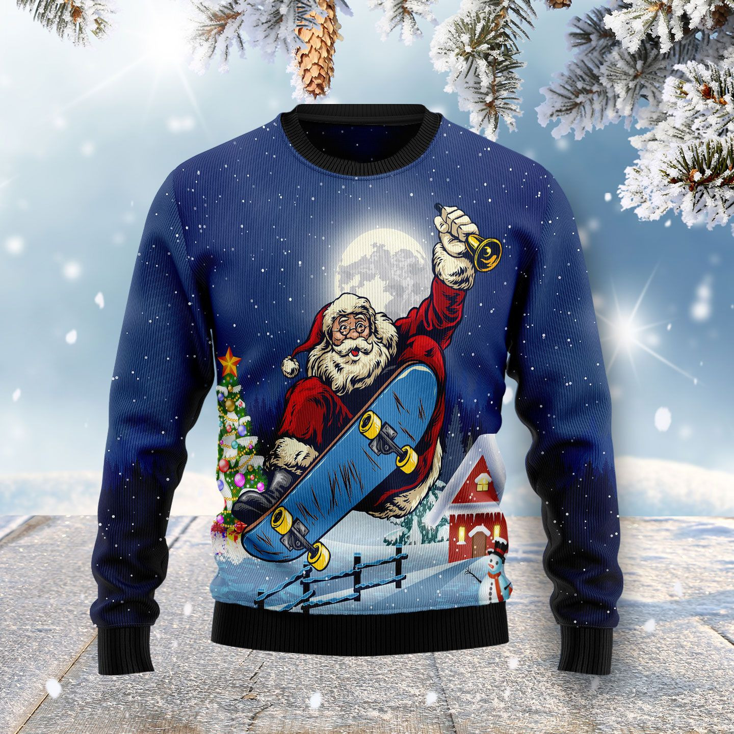 Santa Claus Playing Skateboard Ugly Christmas Sweater Adult 3D Funny Matching for family