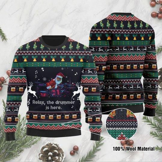 Santa Claus Plays Drum Ugly Christmas Sweater Adult 3D Funny Matching for family