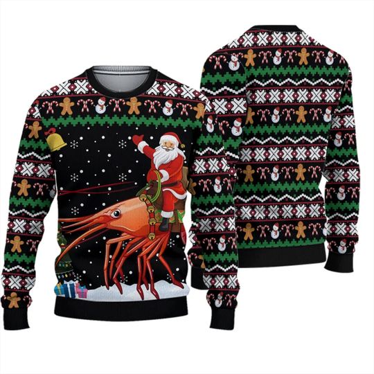 Santa Claus Riding A Lobster Ugly Christmas Sweater, Funny Christmas Gift For Fan - Image 2