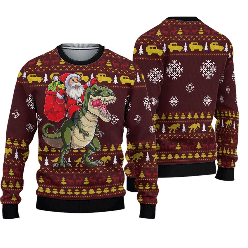 Santa Claus Riding Dinosaur ugly Christmas Sweater
