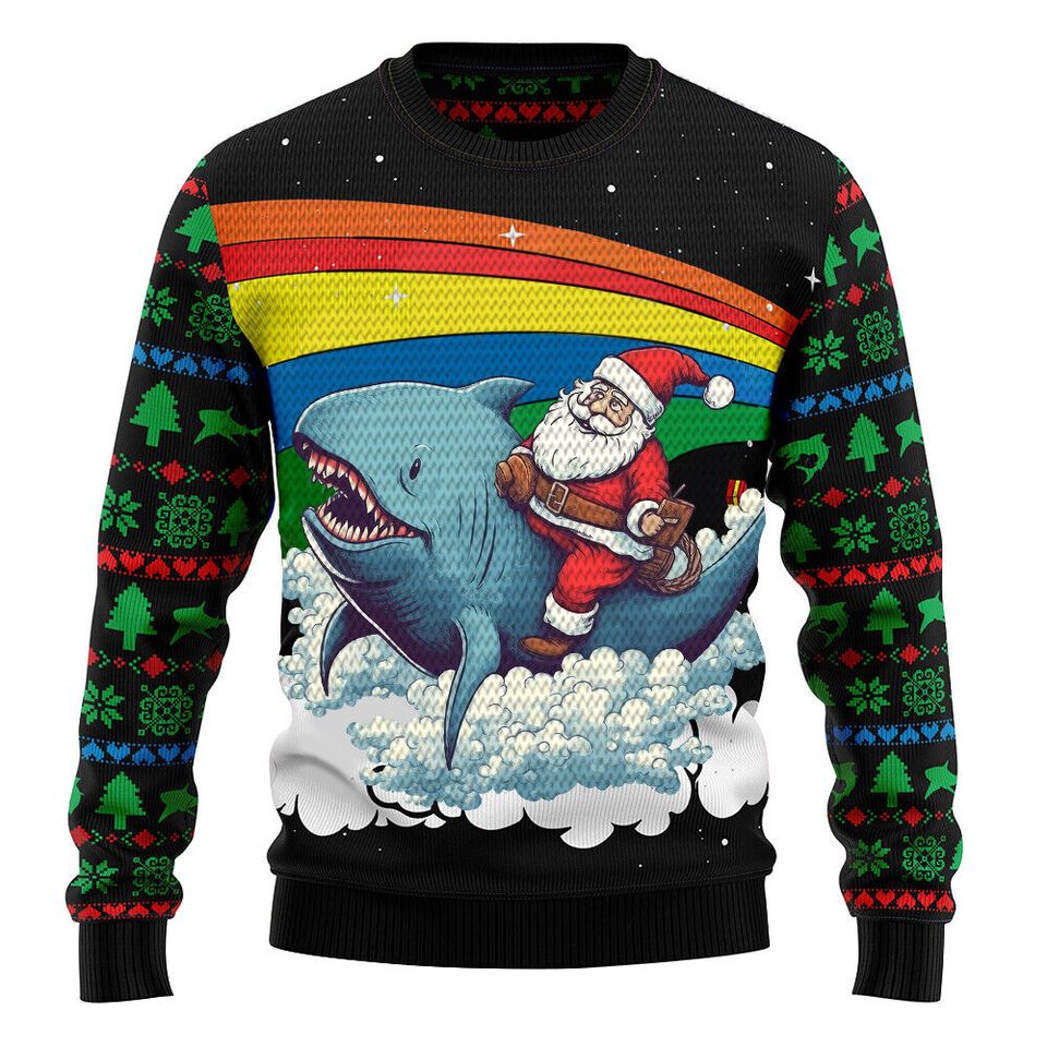 Santa Claus Riding Shark Merry Christmas Sweater 3D