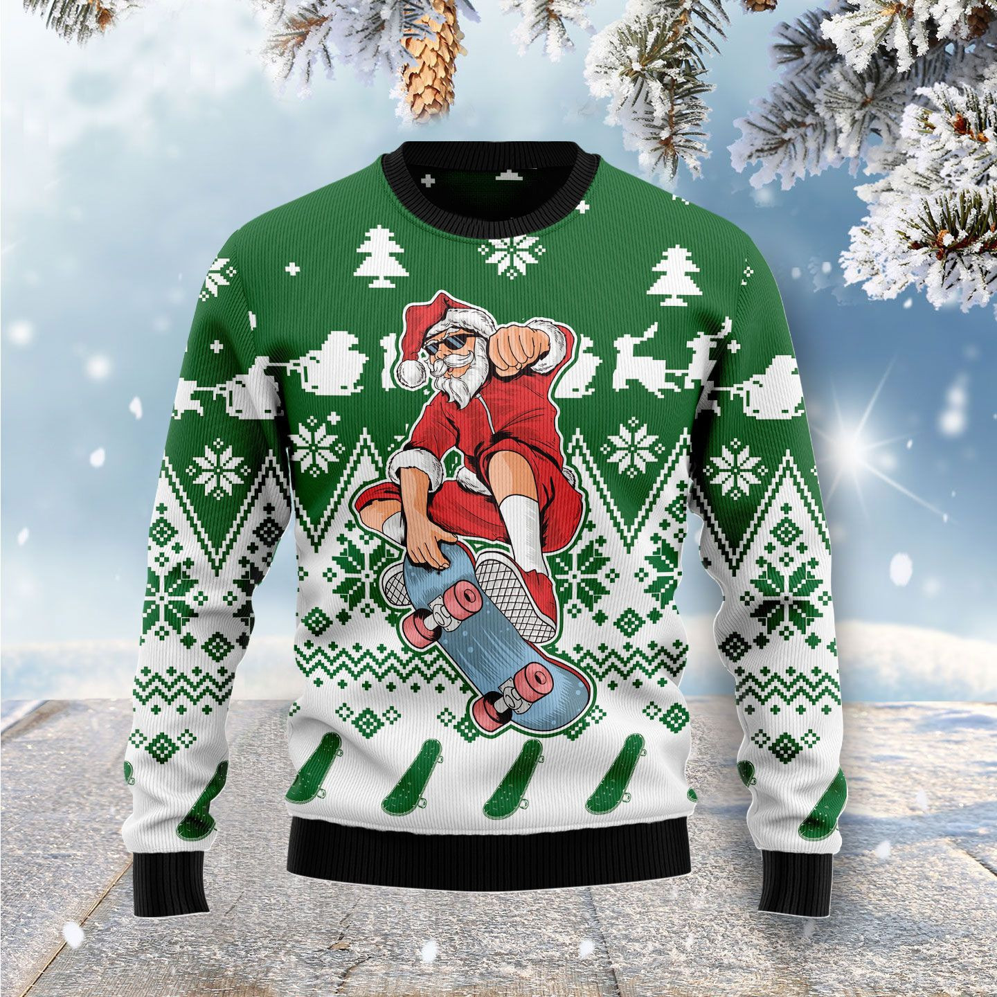Santa Claus Skateboarding Ugly Christmas Sweater Adult 3D Funny Matching for family
