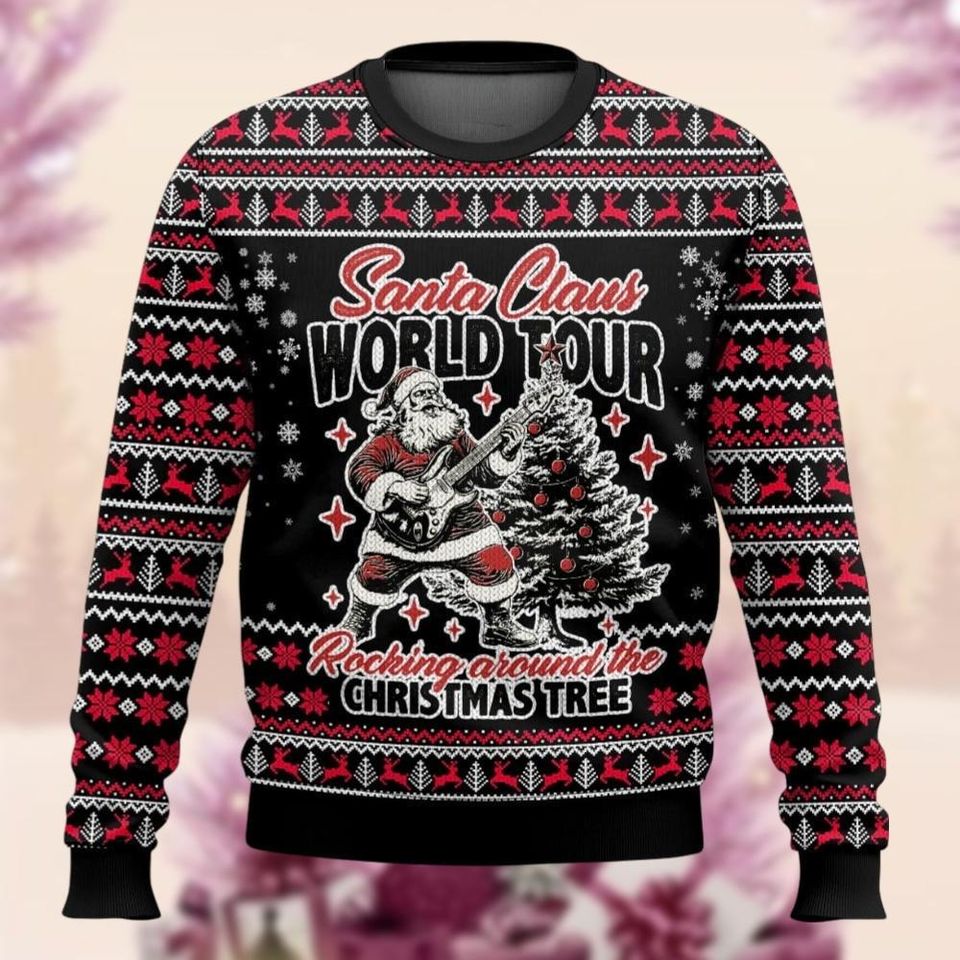 Santa Claus World Tour Ugly Sweater, Santa Rocking Around Christmas Tree