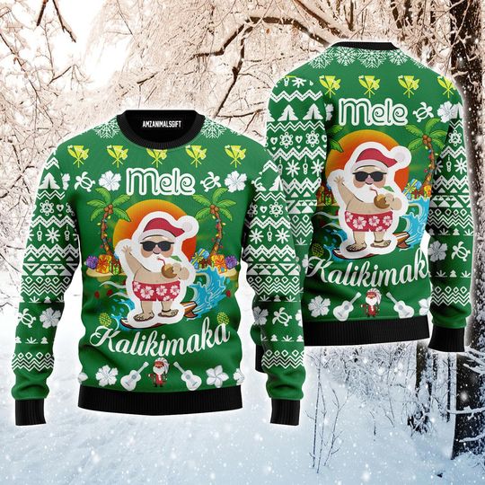 Santa Clause Christmas Ugly Sweater, Mele Kalikimaka Ugly Sweater, Funny Santa Green Sweater For Men & Women - Image 2