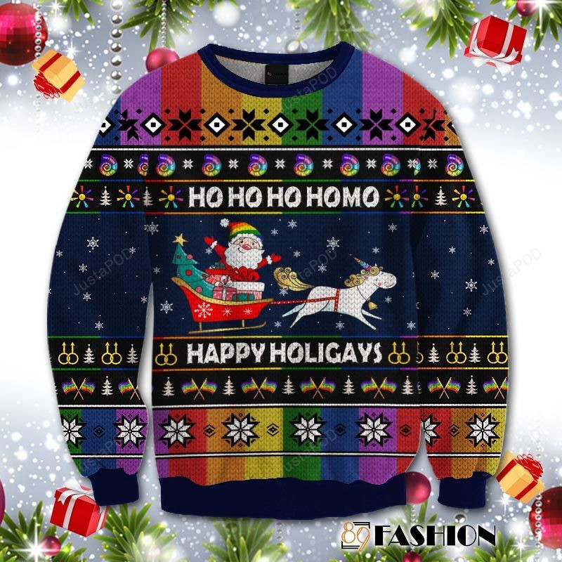 Santa Clause Ho Ho Ho Homo Happy Holigays Ugly Christmas Sweater Adult 3D Funny Matching for family
