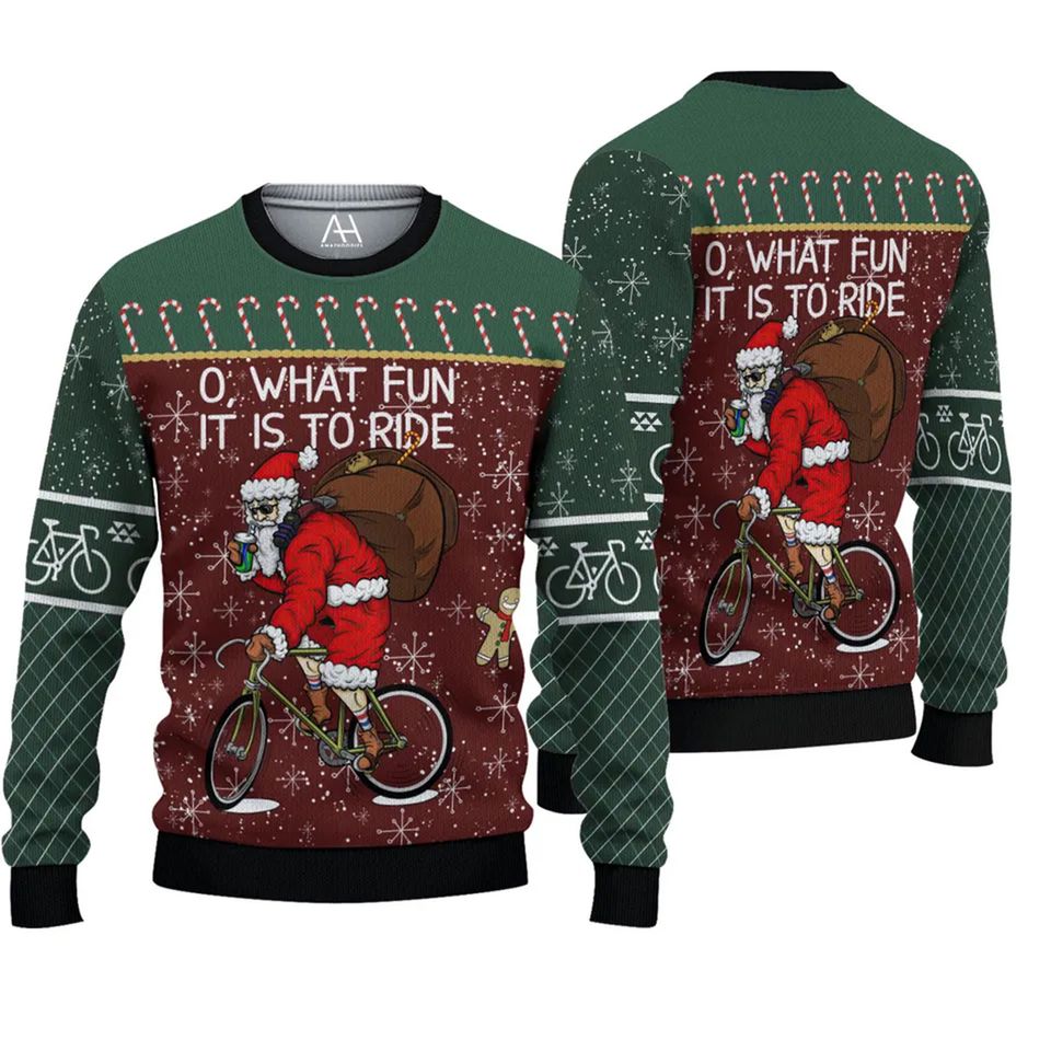 Santa Cycling What Fun It Is To Ride 3D Ugly Christmas Sweater