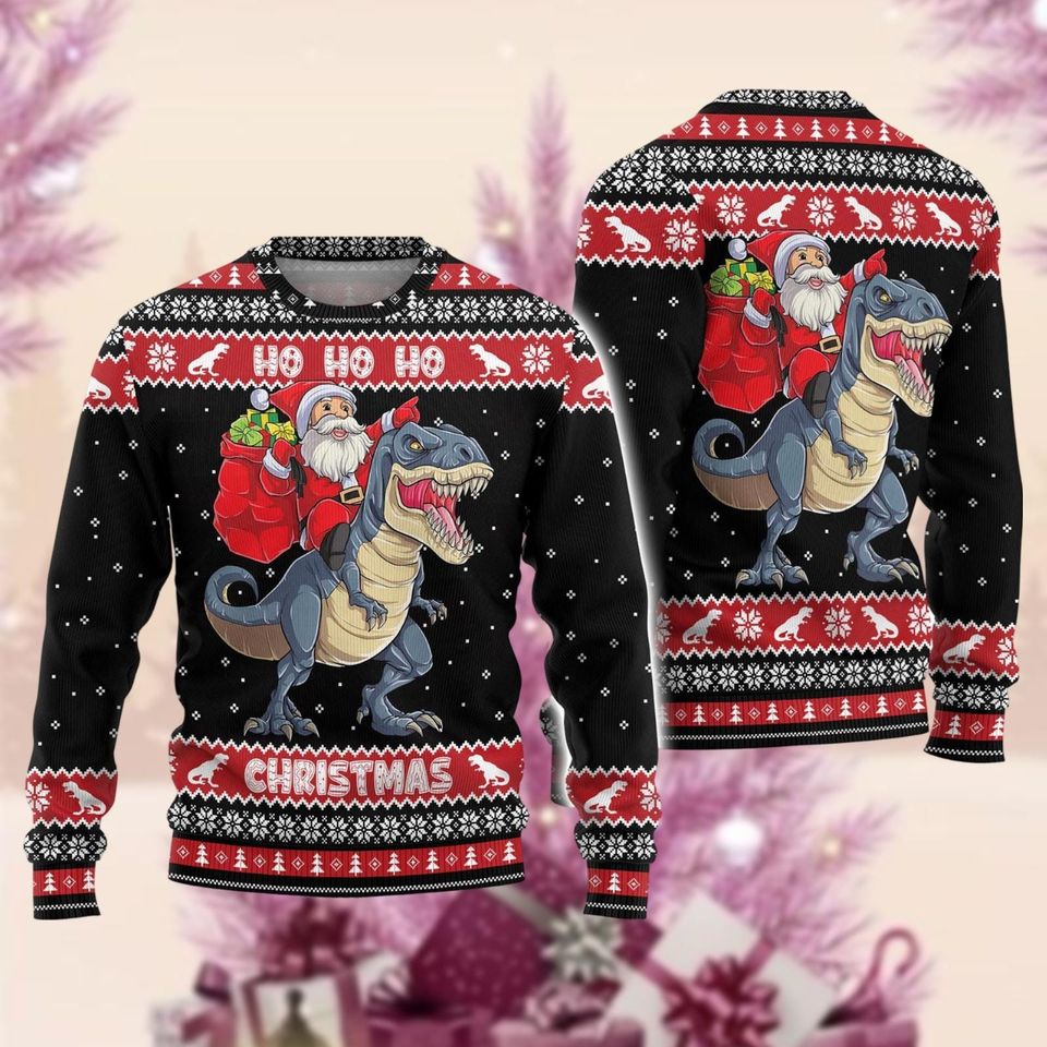 Santa Dinosaur Christmas Ugly Sweater, Funny Santa Claus Ugly Sweatshirt