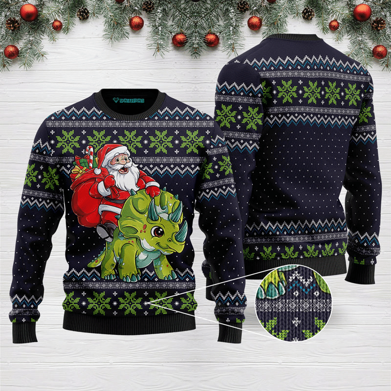 Santa Dinosaur Triceratops Ugly Christmas Sweater Adult 3D Funny Matching for family