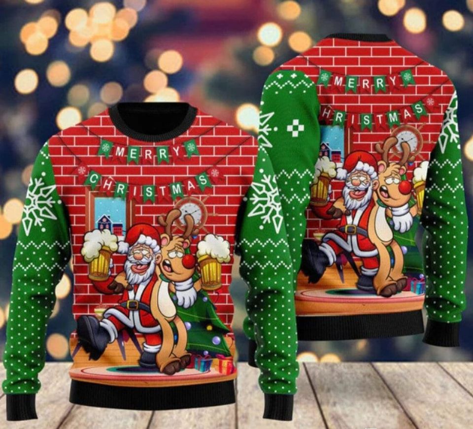 Santa Drinking Beer With Reindeer Ugly Christmas Sweater en Kid