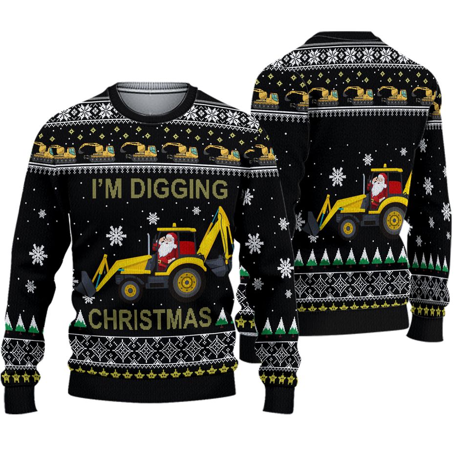 Santa Driving Excavator Christmas Sweatshirt, Im Digging Christmas Ugly Sweater
