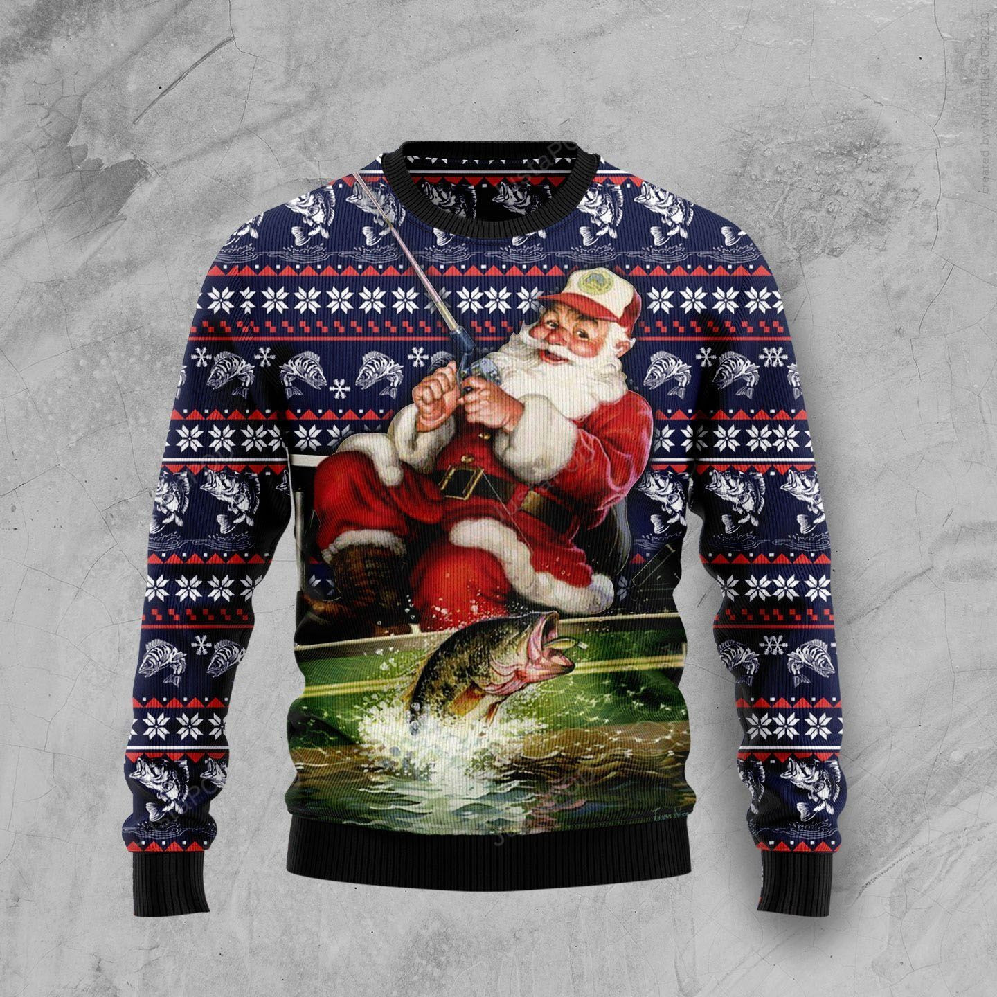 Santa Fishing Ugly Christmas Sweater Adult 3D Funny Matching for family