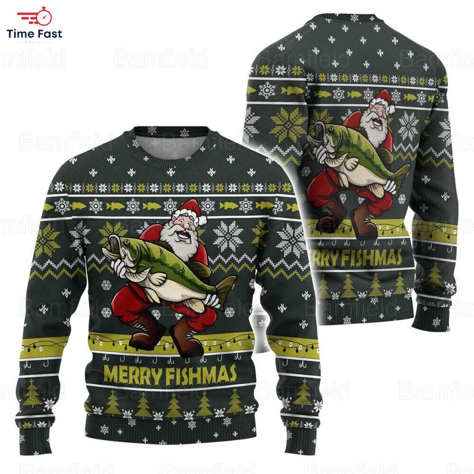 Santa Go Fishing Merry Fishmas Funny Christmas Ugly Sweater