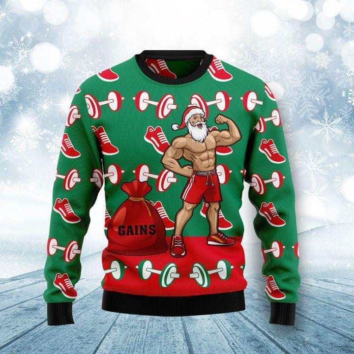 Santa Gym Ugly Christmas Sweater Adult 3D Funny Matching for family