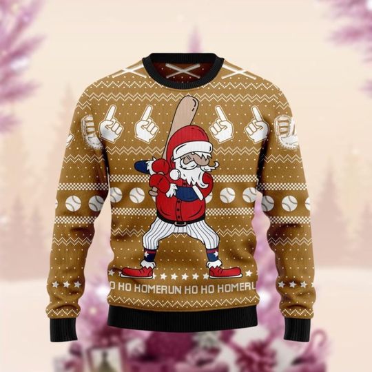 Santa Homerun Ugly Christmas Sweater, Funny Santa Baseball Xmas Ugly Sweatshirt - Image 10
