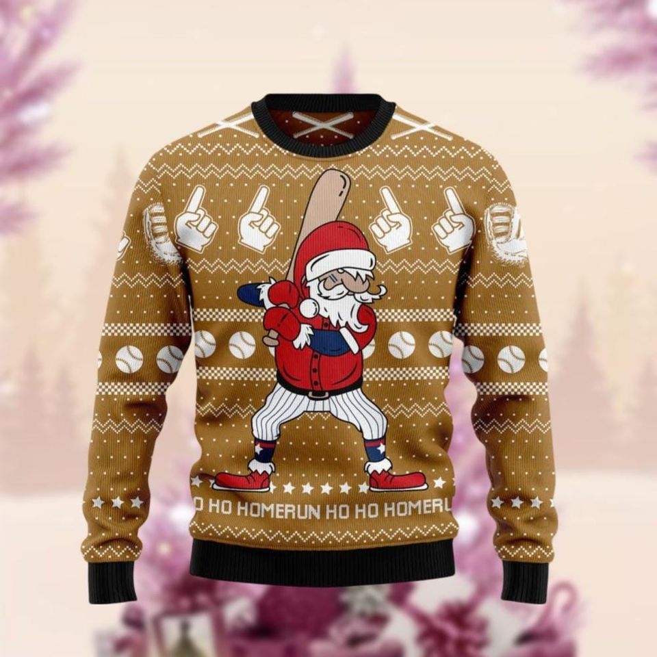 Santa Homerun Ugly Christmas Sweater, Funny Santa Baseball Xmas Ugly Sweatshirt - Image 3