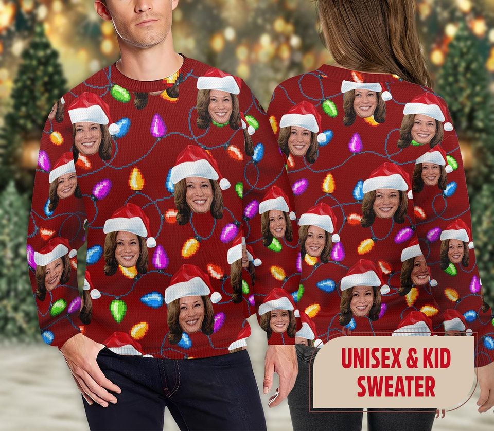 Santa Kamala Harris Ugly Christmas Light Sweater, Funny Harris Face
