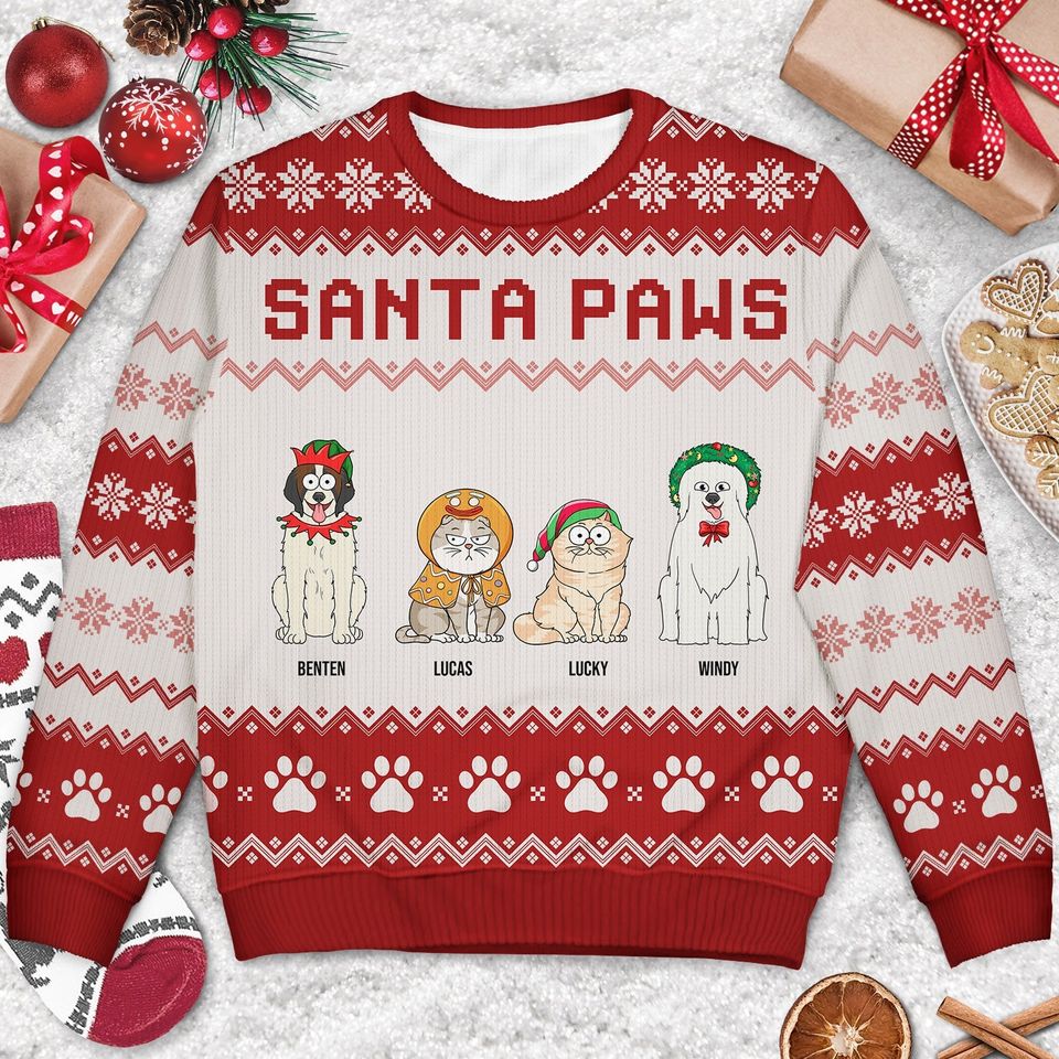 Santa Paws - Christmas Gift For Dog Cat Lovers - Personalized Unisex Ugly Sweater - Image 3
