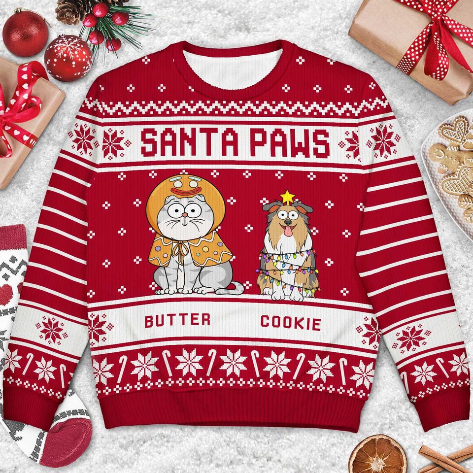 Santa Paws Green Pattern Custom Pet Lover Personalized Christmas Unisex Ugly Sweatshirt - Image 3