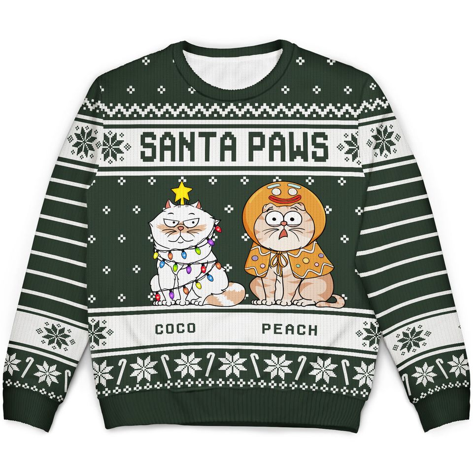 Santa Paws Green Pattern Custom Pet Lover Personalized Christmas Unisex Ugly Sweatshirt